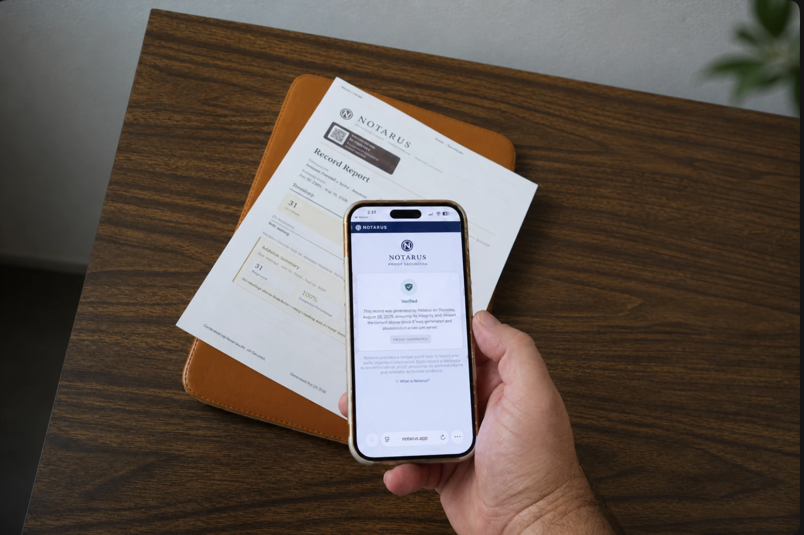 A printed Notarus report beside a phone showing its verification result